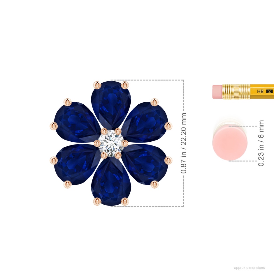 9x7mm AA Blue Sapphire Flower Cluster Pendant with Diamond in Rose Gold ruler