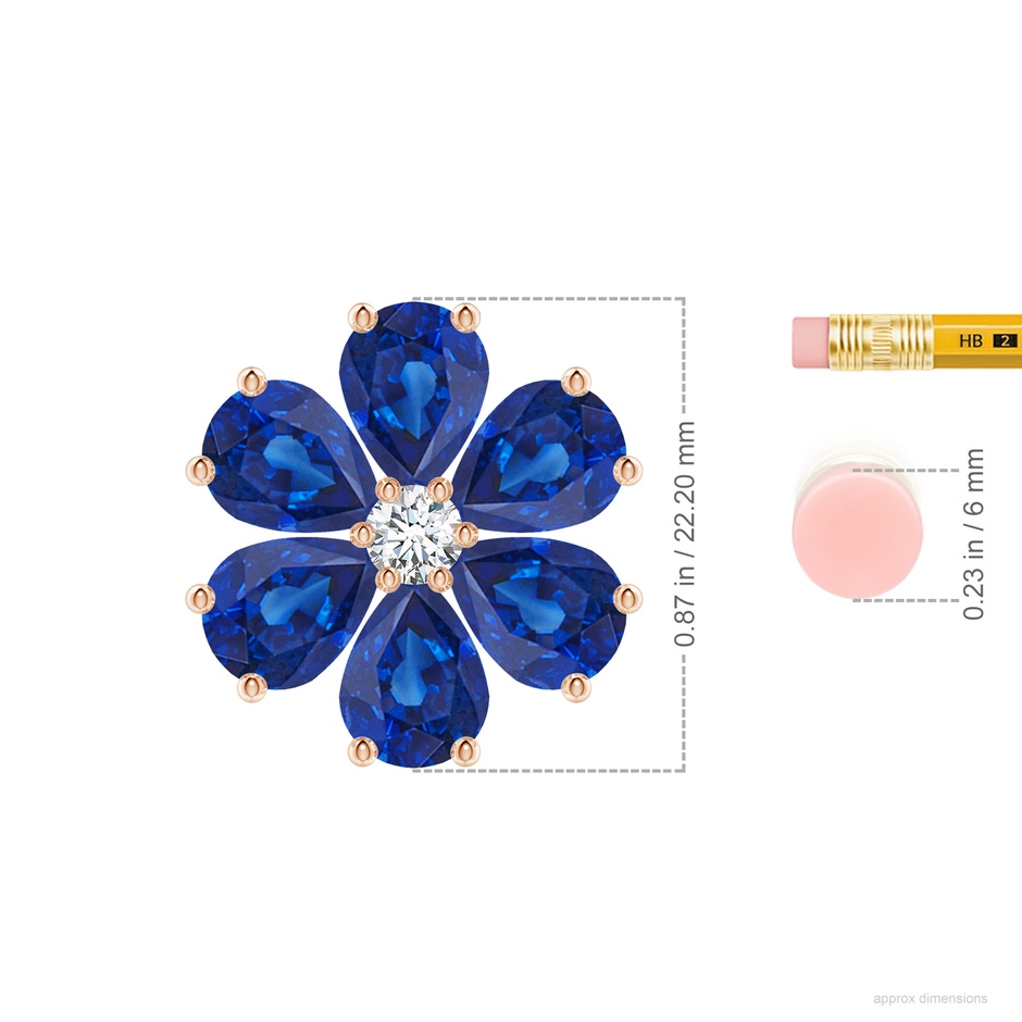 9x7mm AAA Blue Sapphire Flower Cluster Pendant with Diamond in Rose Gold ruler