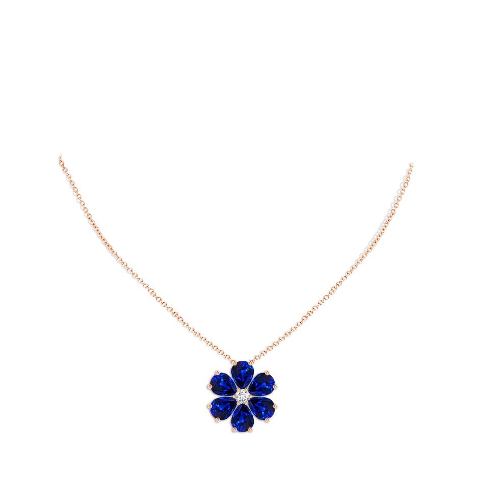 9x7mm Lab-Grown Blue Sapphire Flower Cluster Pendant with Diamond in 18K Rose Gold pen