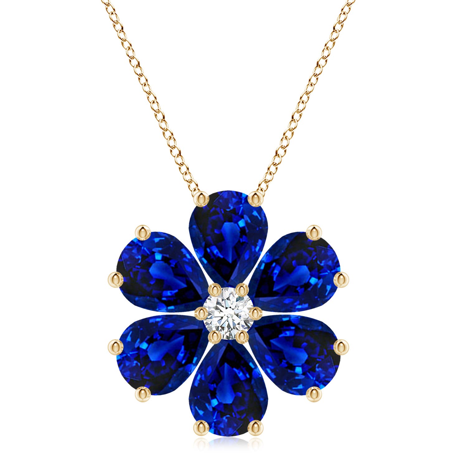 9x7mm AAAA Blue Sapphire Flower Cluster Pendant with Diamond in Yellow Gold