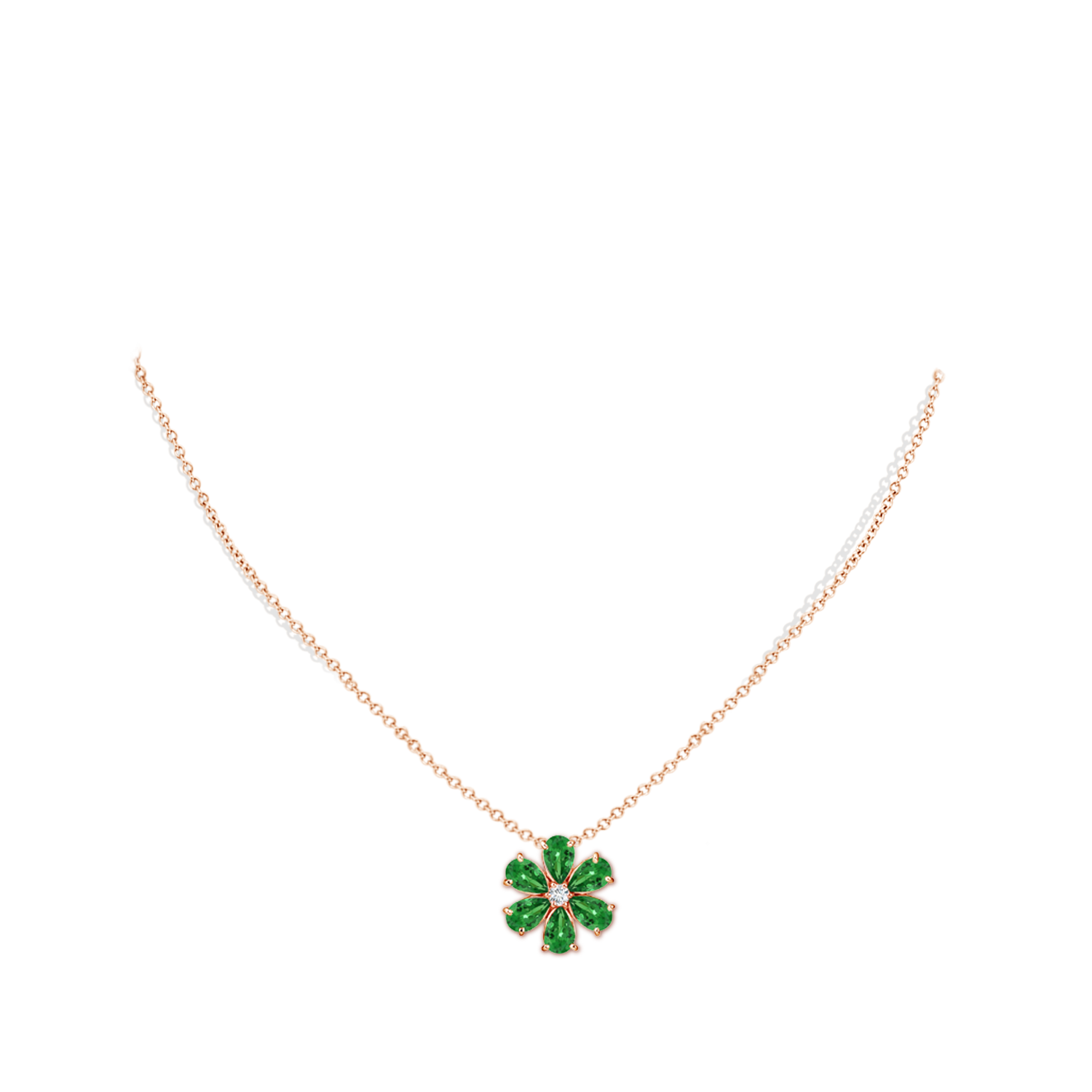 6x4mm AAA Tsavorite Flower Cluster Pendant with Diamond in Rose Gold - body_neck