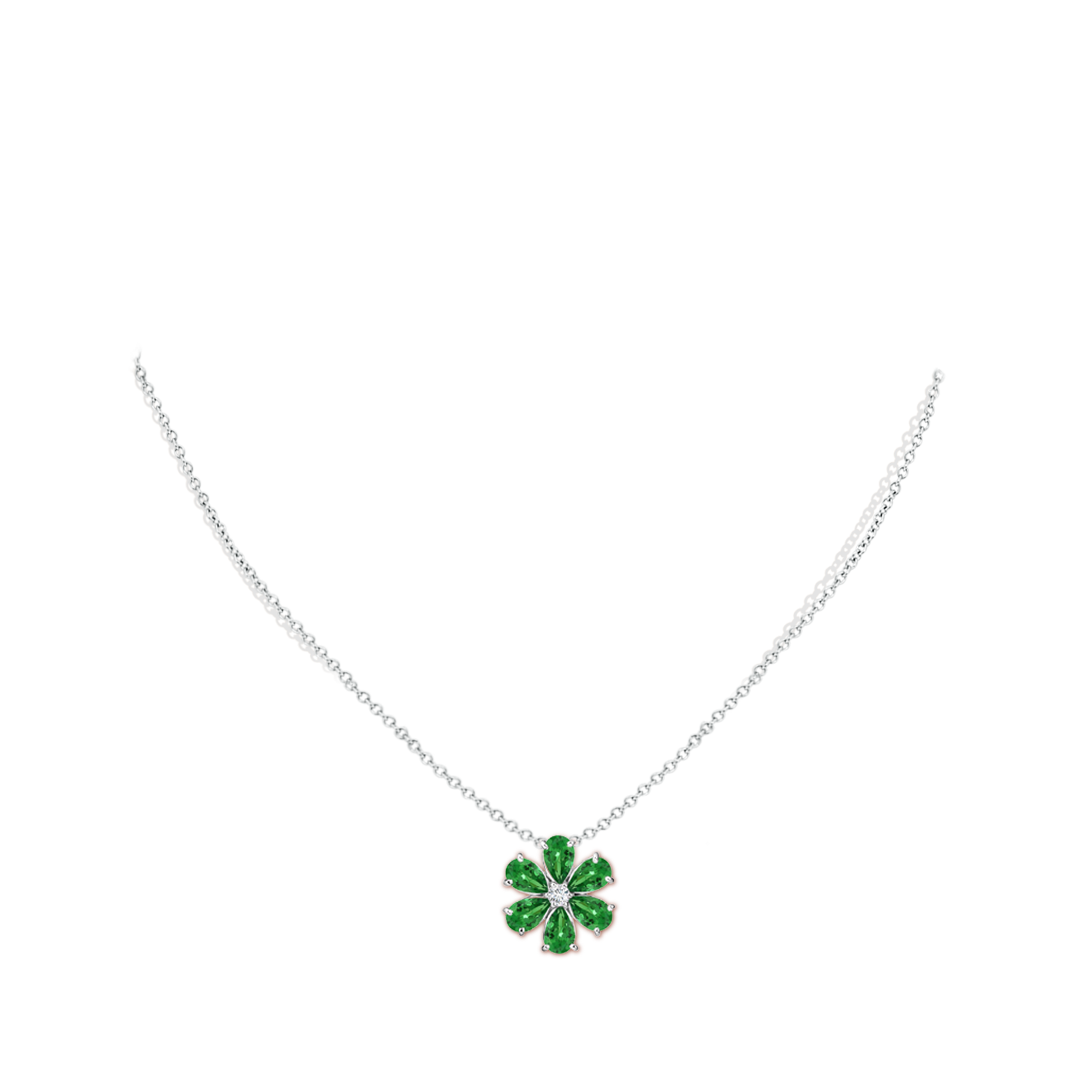 6x4mm AAA Tsavorite Flower Cluster Pendant with Diamond in White Gold - body_neck