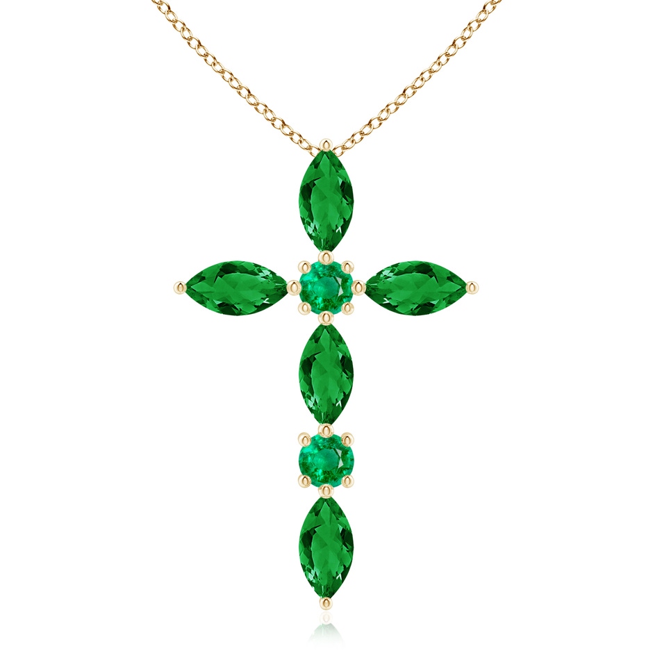 5x2.5mm AAA Marquise and Round Emerald Cross Pendant in Yellow Gold 