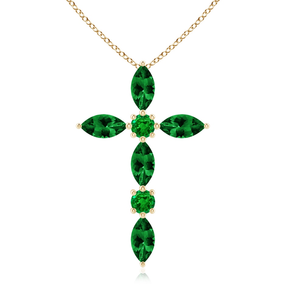 5x2.5mm AAAA Marquise and Round Emerald Cross Pendant in Yellow Gold 