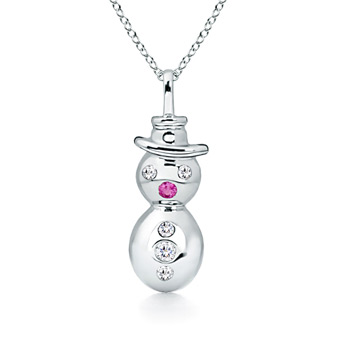 1.5mm AA Gypsy-Set Pink Sapphire and Diamond Snowman Pendant in White Gold
