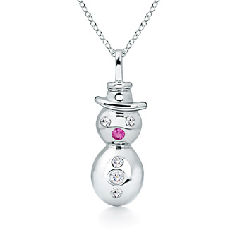 1.5mm AA Gypsy-Set Pink Sapphire and Diamond Snowman Pendant in White Gold 