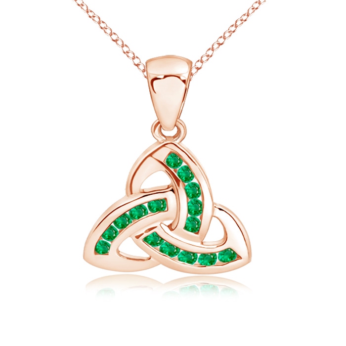1.5mm AAA Dangling Channel-Set Emerald Celtic Knot Pendant in Rose Gold 