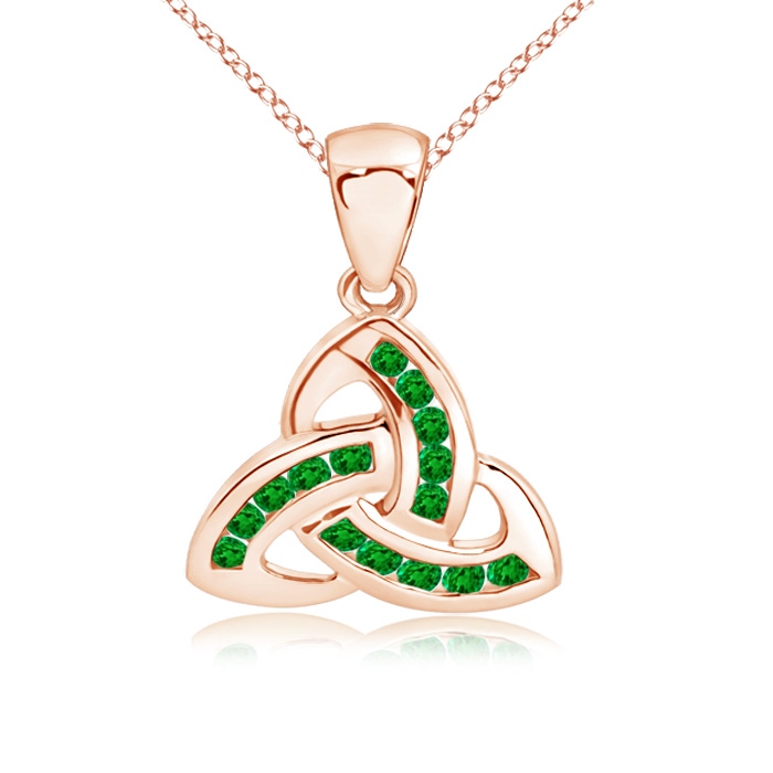 1.5mm AAAA Dangling Channel-Set Emerald Celtic Knot Pendant in Rose Gold 