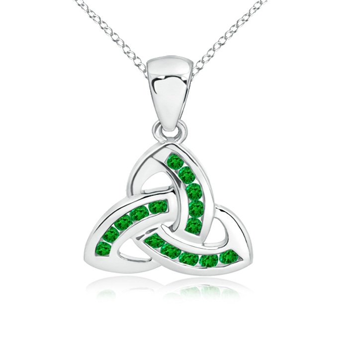 1.5mm AAAA Dangling Channel-Set Emerald Celtic Knot Pendant in White Gold