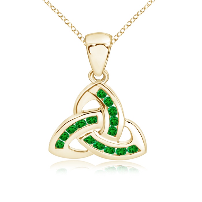 1.5mm AAAA Dangling Channel-Set Emerald Celtic Knot Pendant in Yellow Gold 