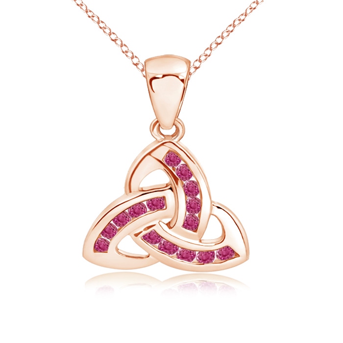 1.5mm AAAA Dangling Channel-Set Pink Sapphire Celtic Knot Pendant in Rose Gold