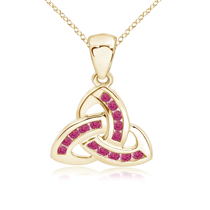 1.5mm AAAA Dangling Channel-Set Pink Sapphire Celtic Knot Pendant in Yellow Gold