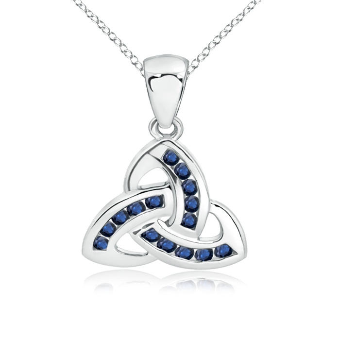 1.5mm AA Dangling Channel-Set Blue Sapphire Celtic Knot Pendant in 9K White Gold 