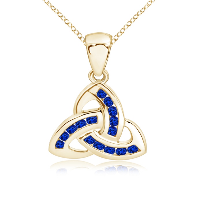 1.5mm AAAA Dangling Channel-Set Blue Sapphire Celtic Knot Pendant in Yellow Gold