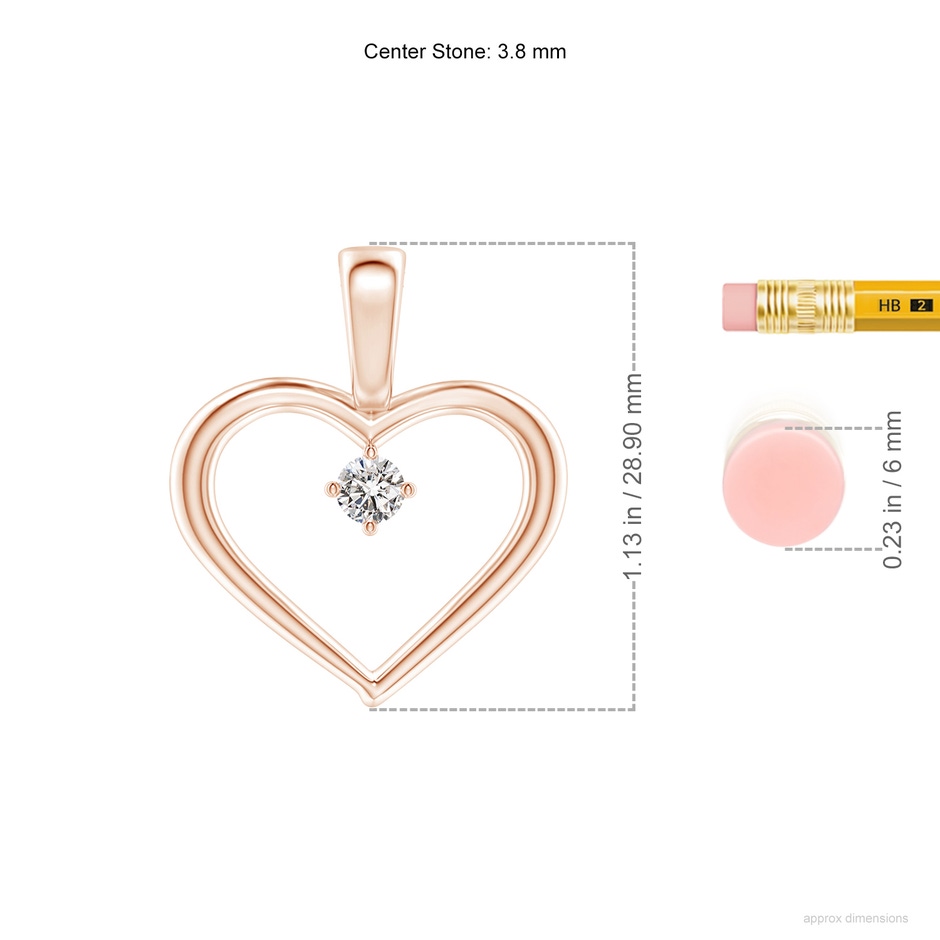 3.8mm IJI1I2 Solitaire Diamond Heart Pendant in Rose Gold ruler