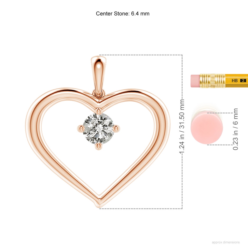 6.4mm KI3 Solitaire Diamond Heart Pendant in Rose Gold ruler
