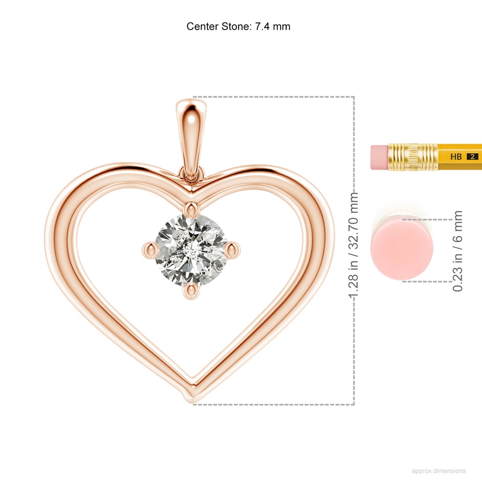 7.4mm KI3 Solitaire Diamond Heart Pendant in Rose Gold ruler