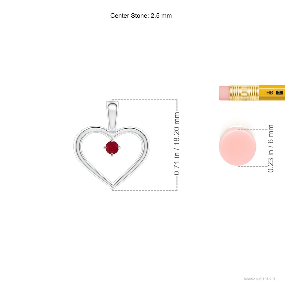 2.5mm AA Solitaire Ruby Heart Pendant in 18K White Gold ruler