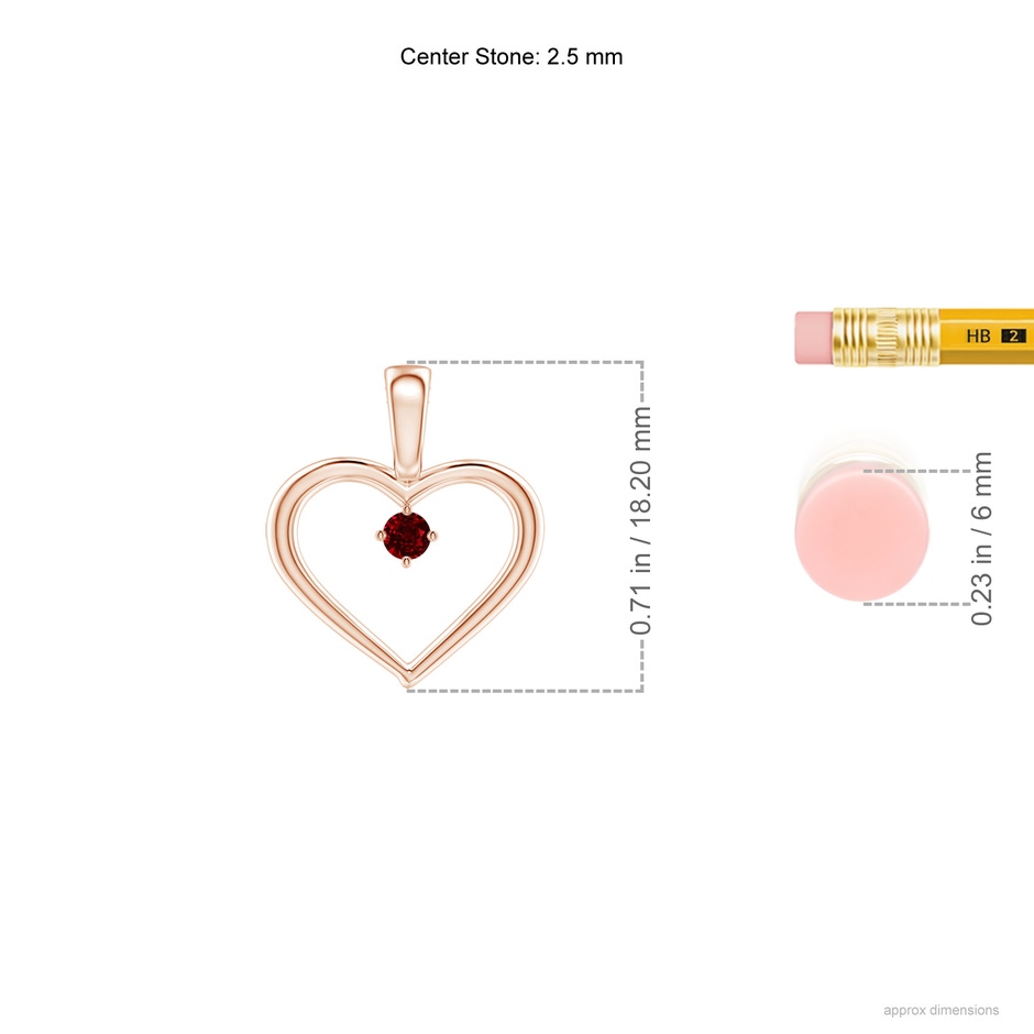2.5mm AAAA Solitaire Ruby Heart Pendant in 18K Rose Gold ruler