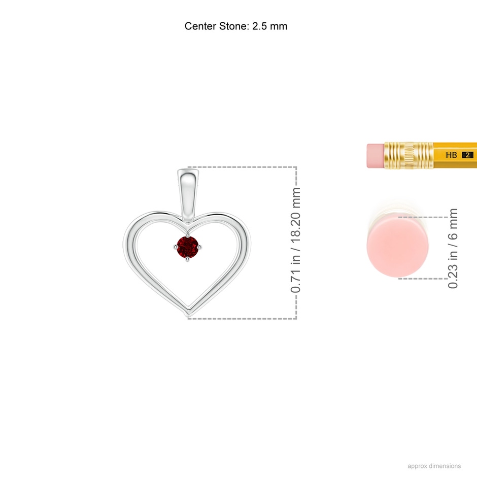 2.5mm AAAA Solitaire Ruby Heart Pendant in 18K White Gold ruler