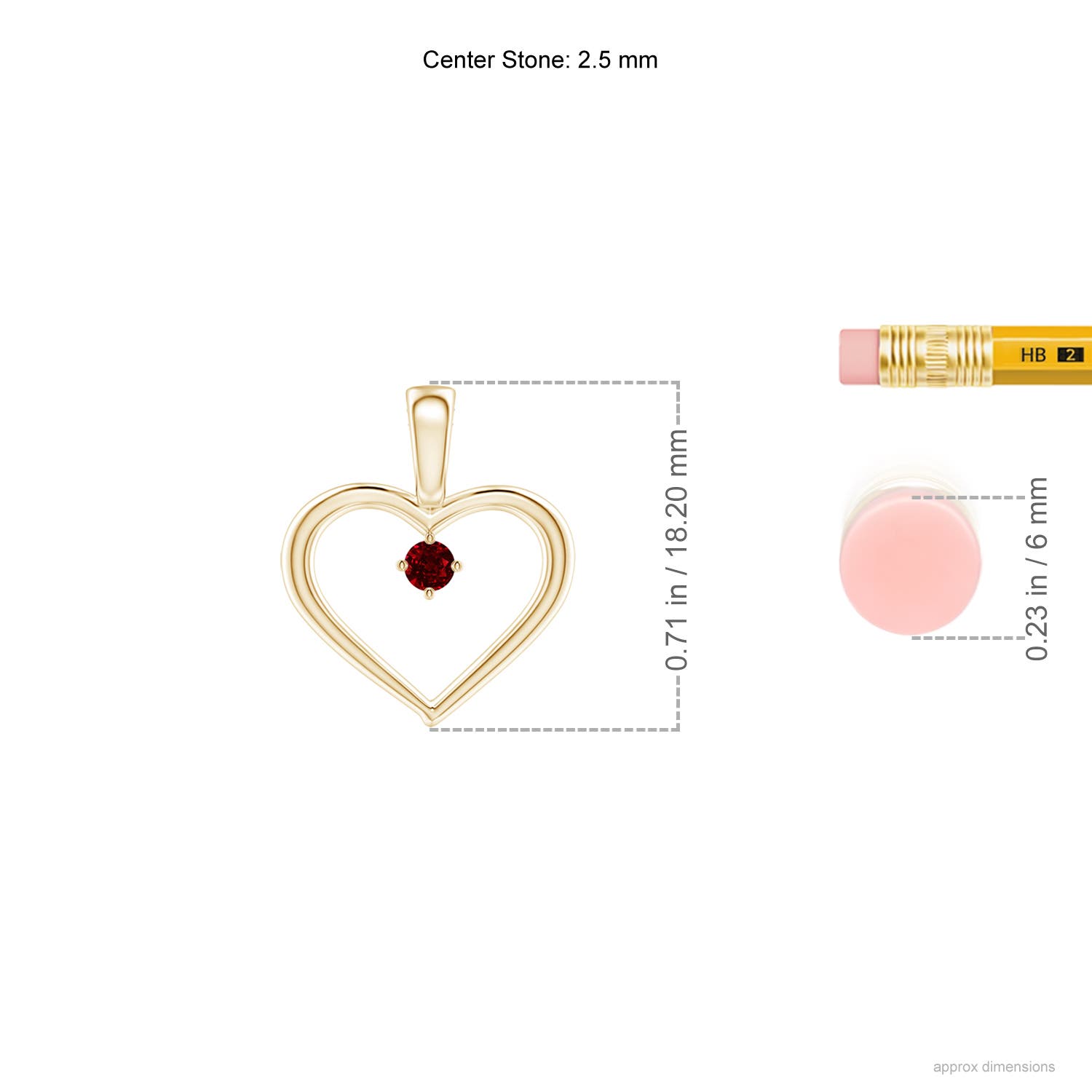 2.5mm AAAA Solitaire Ruby Heart Pendant in 18K Yellow Gold - ruler