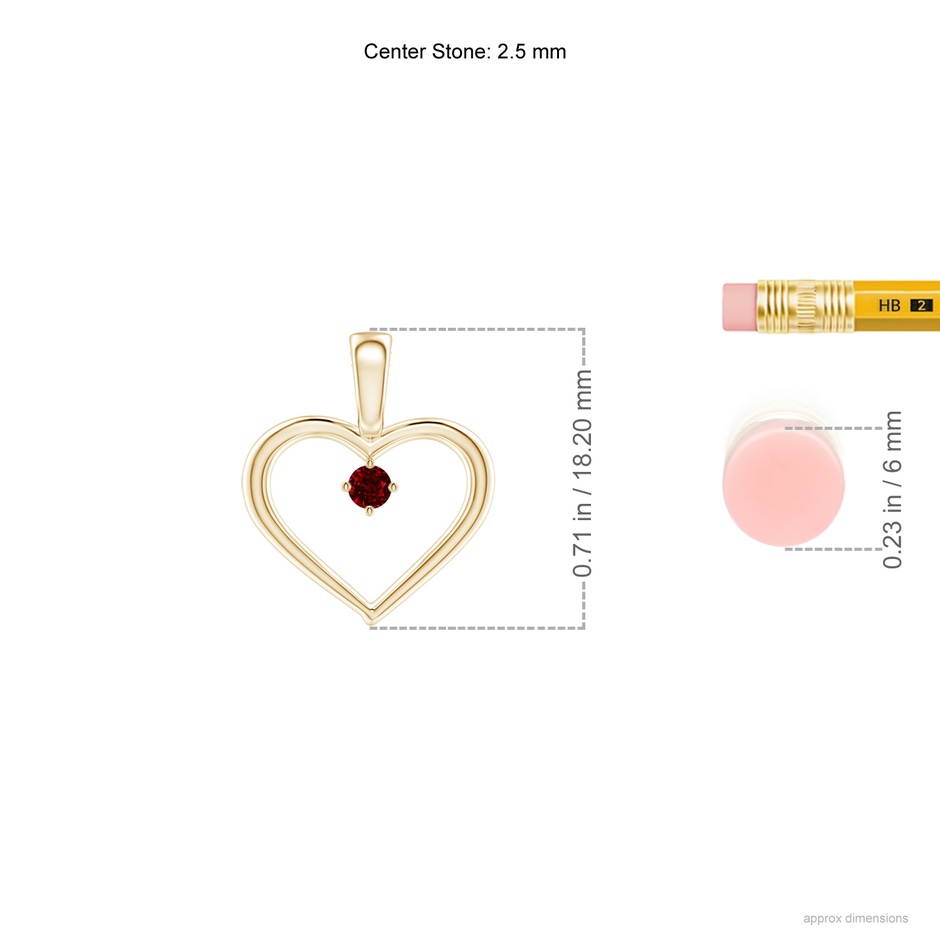 2.5mm AAAA Solitaire Ruby Heart Pendant in 18K Yellow Gold ruler