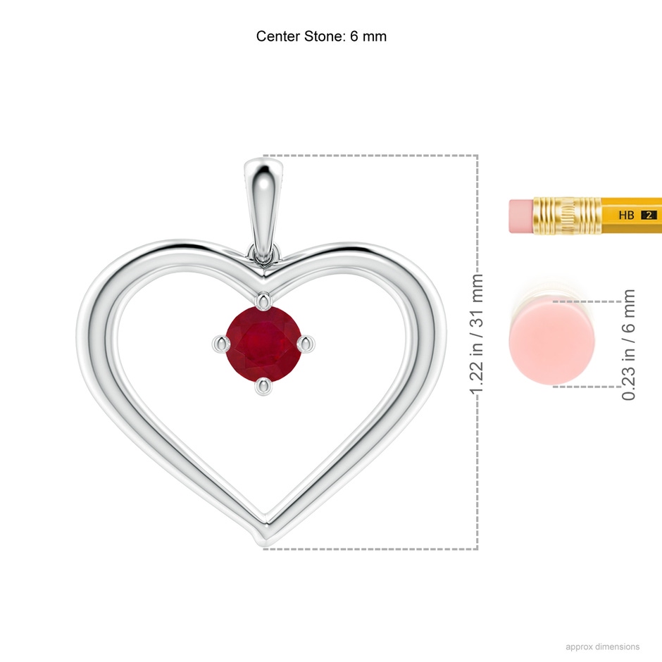 6mm AA Solitaire Ruby Heart Pendant in White Gold ruler