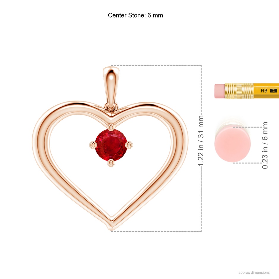 6mm AAA Solitaire Ruby Heart Pendant in Rose Gold ruler
