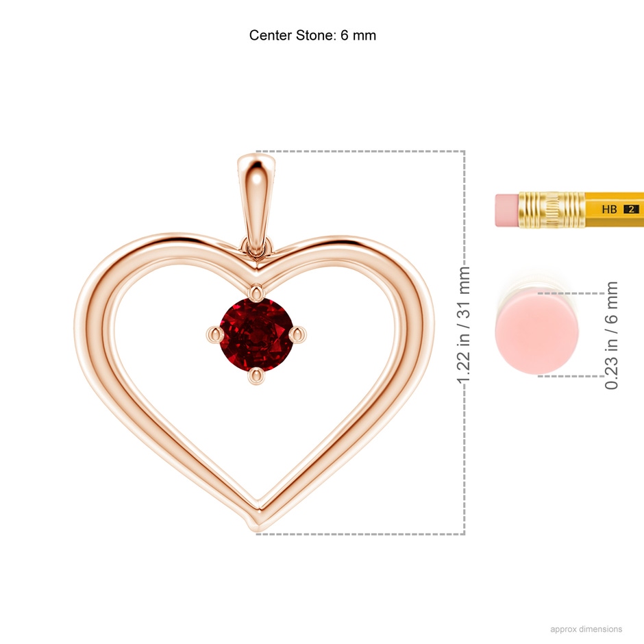 6mm AAAA Solitaire Ruby Heart Pendant in Rose Gold ruler