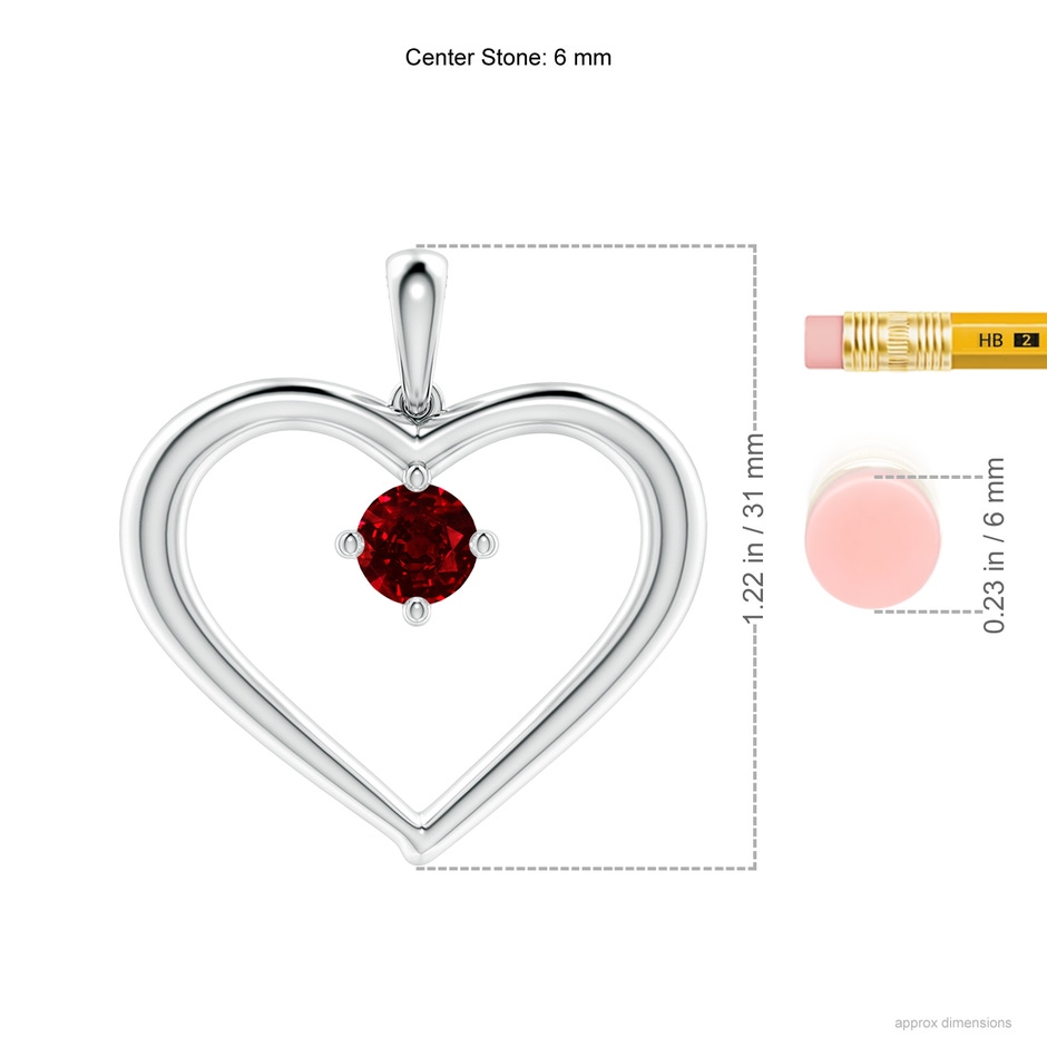 6mm AAAA Solitaire Ruby Heart Pendant in White Gold ruler