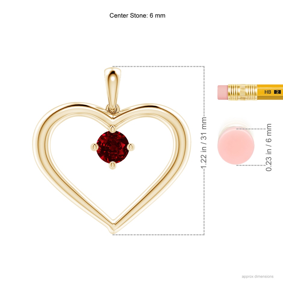 6mm AAAA Solitaire Ruby Heart Pendant in Yellow Gold ruler