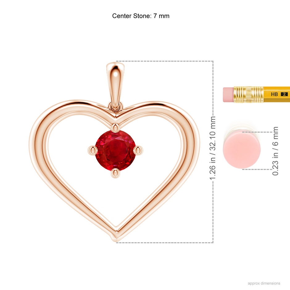 7mm AAA Solitaire Ruby Heart Pendant in 18K Rose Gold ruler