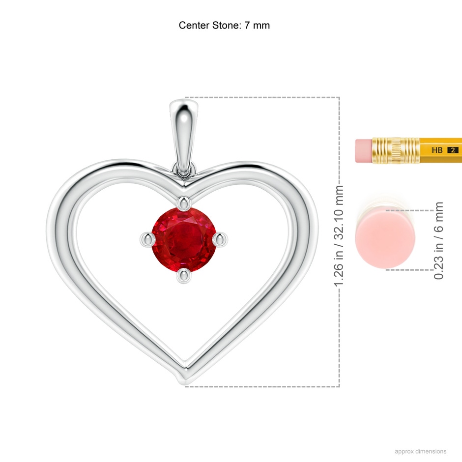 7mm AAA Solitaire Ruby Heart Pendant in P950 Platinum ruler