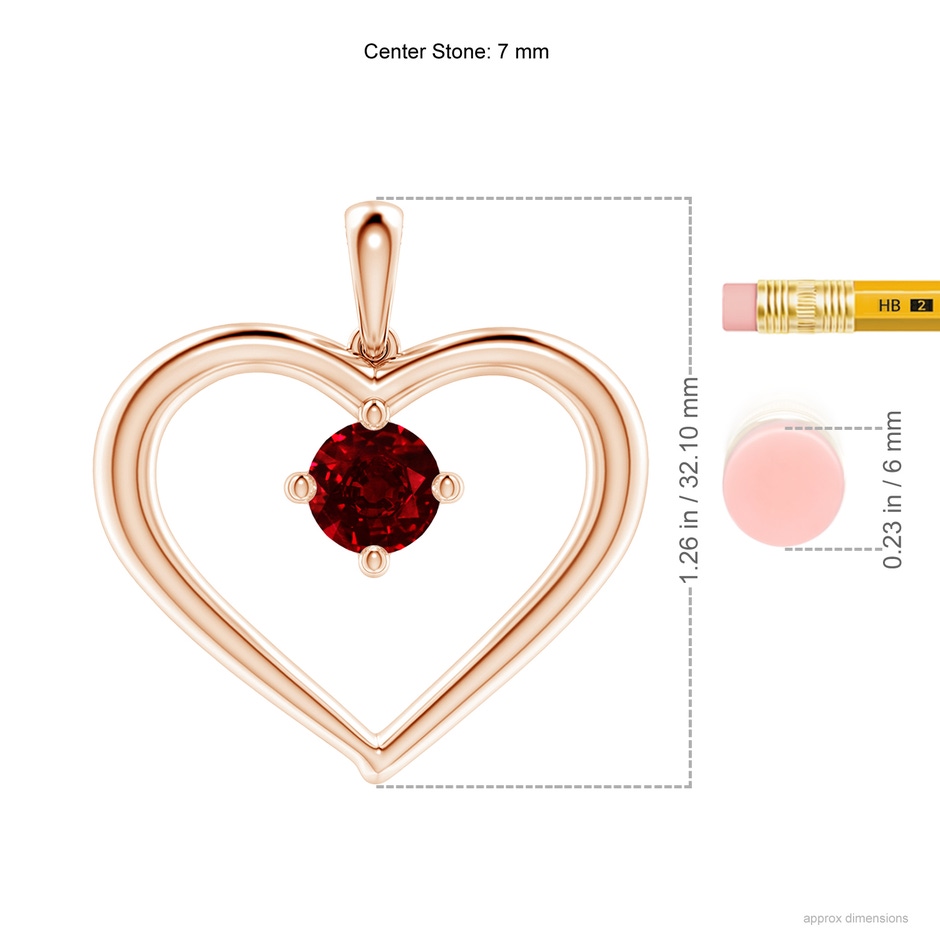 7mm AAAA Solitaire Ruby Heart Pendant in 18K Rose Gold ruler
