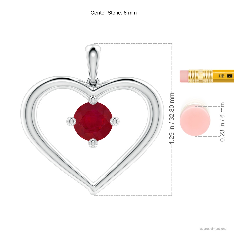 8mm AA Solitaire Ruby Heart Pendant in White Gold ruler
