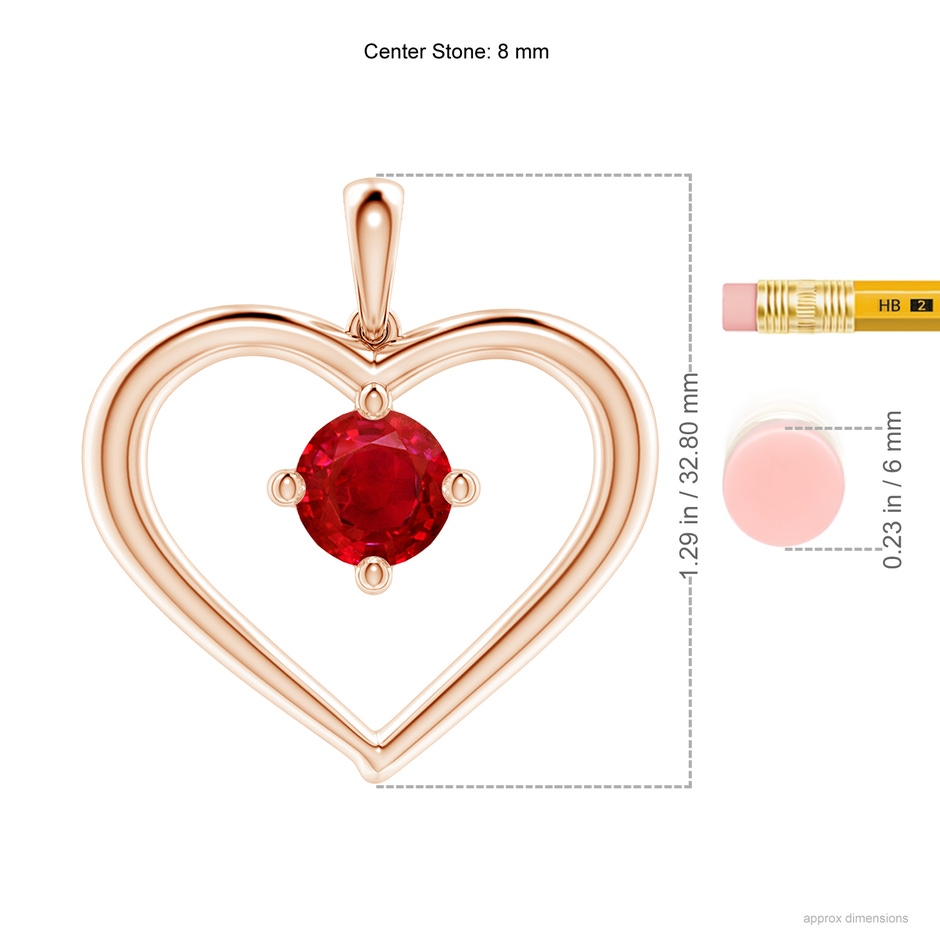 8mm AAA Solitaire Ruby Heart Pendant in Rose Gold ruler