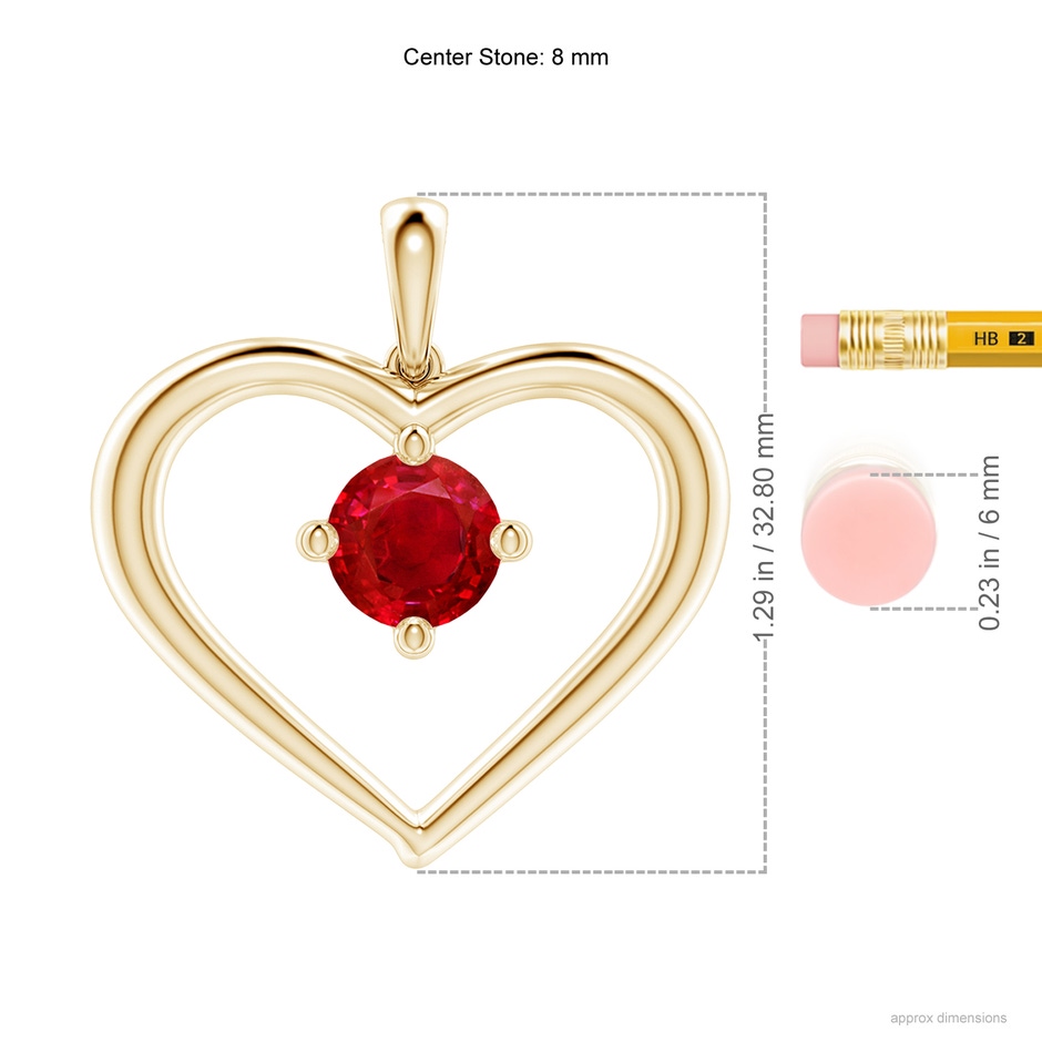 8mm AAA Solitaire Ruby Heart Pendant in Yellow Gold ruler