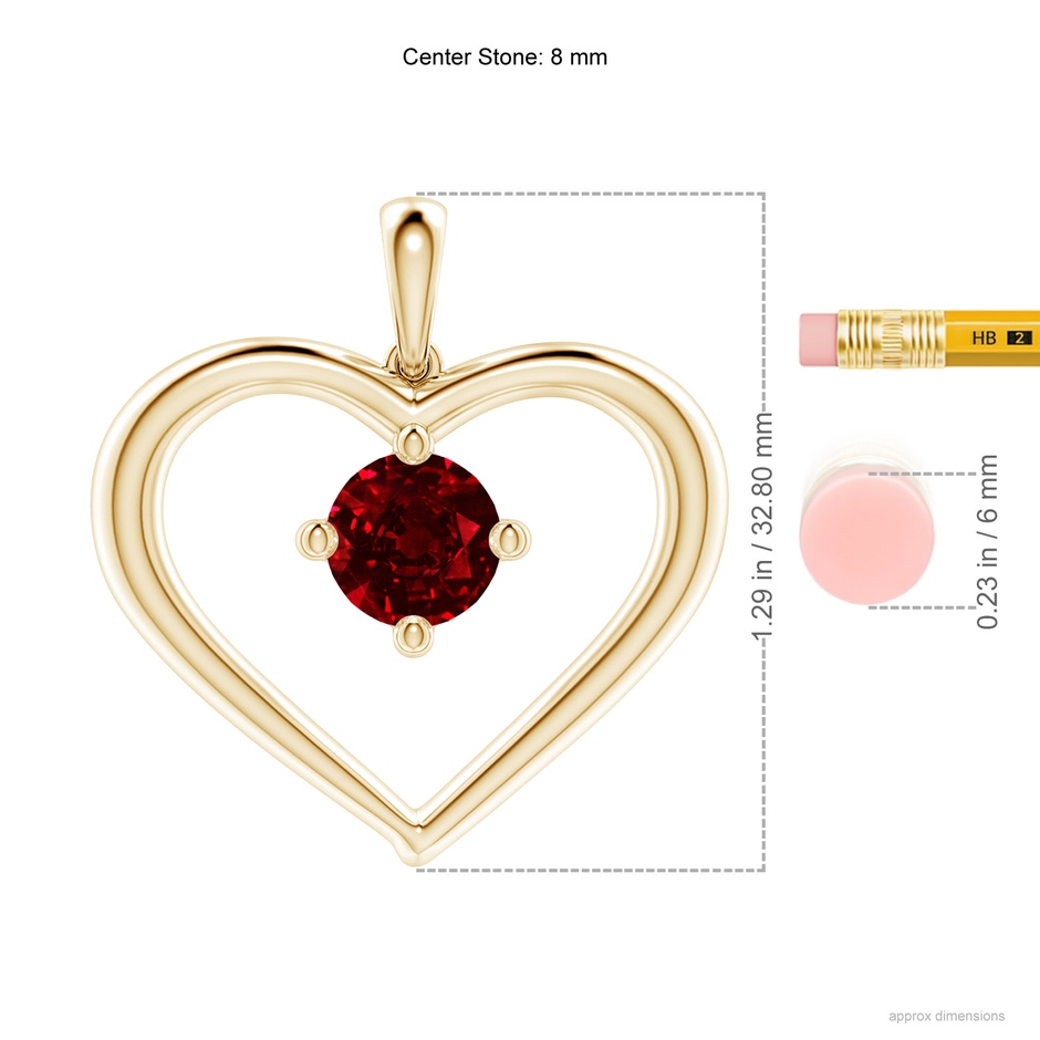 8mm AAAA Solitaire Ruby Heart Pendant in Yellow Gold ruler