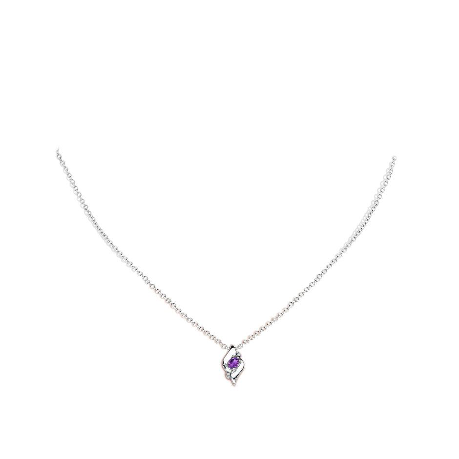 4x3mm AAA Shell Style Oval Amethyst and Diamond Pendant in White Gold body-neck