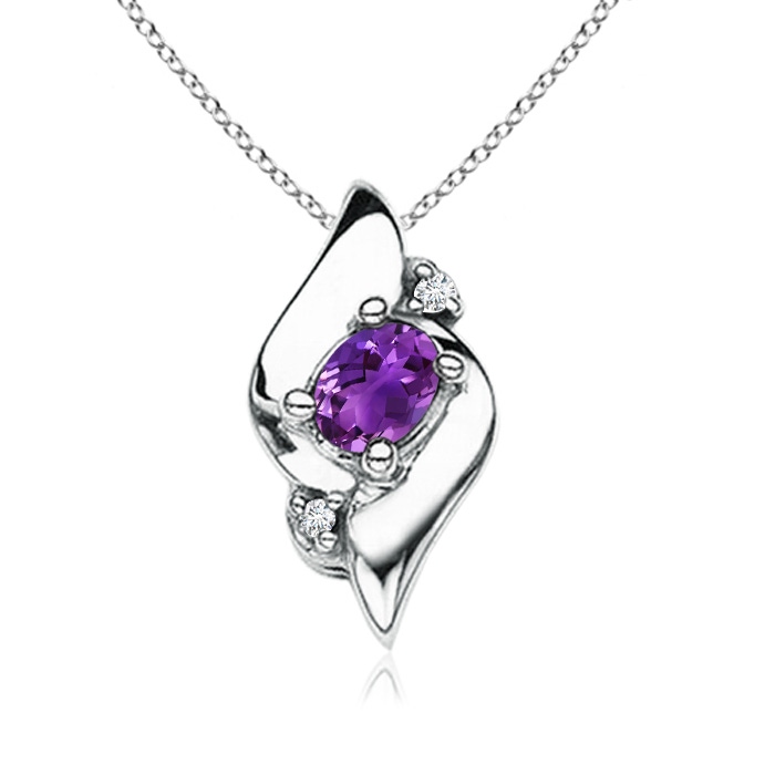 4x3mm AAAA Shell Style Oval Amethyst and Diamond Pendant in White Gold