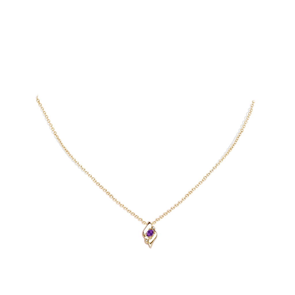 4x3mm AAAA Shell Style Oval Amethyst and Diamond Pendant in Yellow Gold Body-Neck
