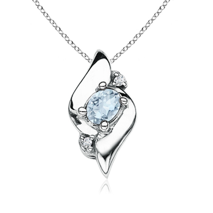 4x3mm A Shell Style Oval Aquamarine and Diamond Pendant in White Gold 