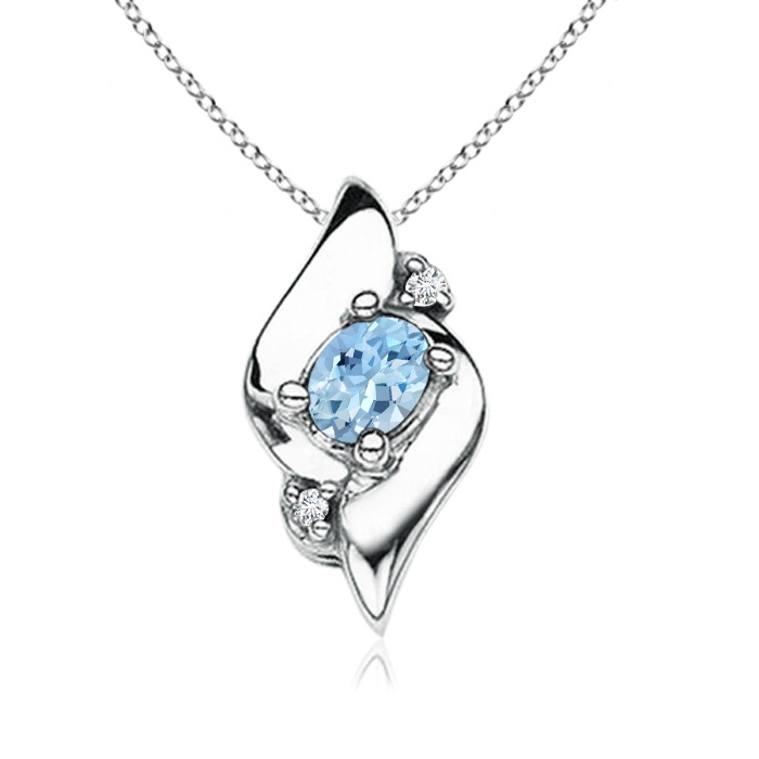 4x3mm AAA Shell Style Oval Aquamarine and Diamond Pendant in White Gold