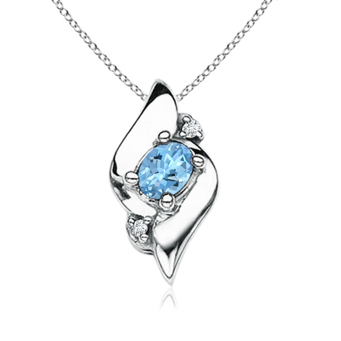 4x3mm AAAA Shell Style Oval Aquamarine and Diamond Pendant in White Gold 