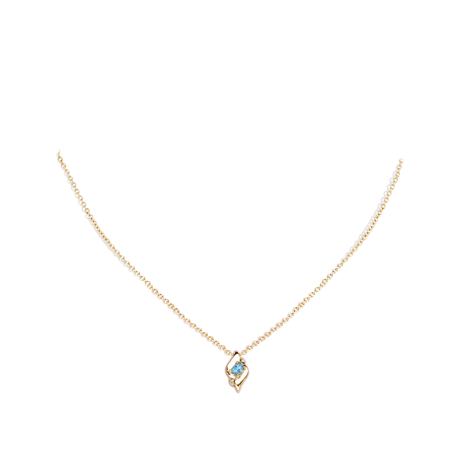 4x3mm AAAA Shell Style Oval Aquamarine and Diamond Pendant in Yellow Gold body-neck