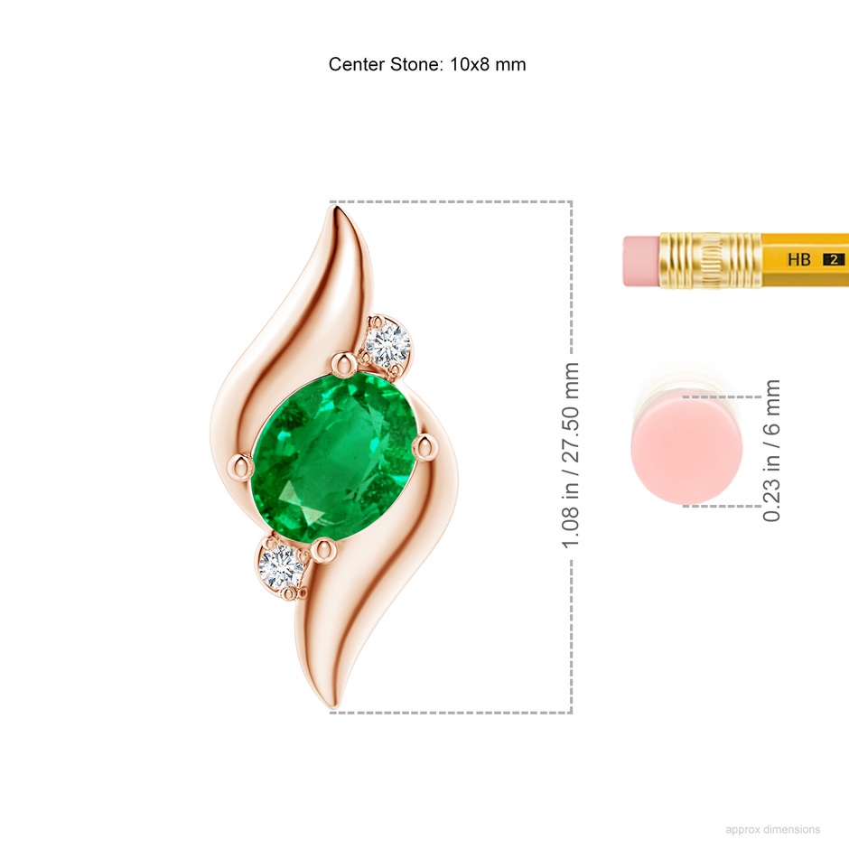 10x8mm AAA Shell Style Oval Emerald and Diamond Pendant in 18K Rose Gold ruler