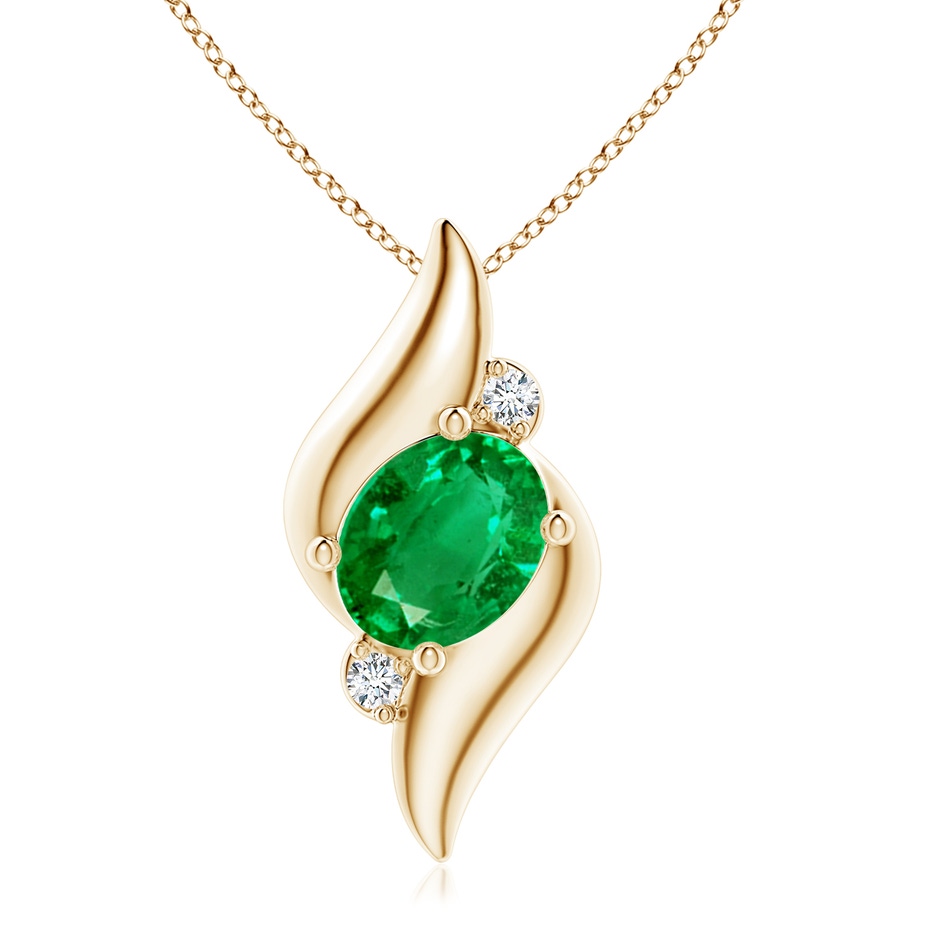 10x8mm AAA Shell Style Oval Emerald and Diamond Pendant in Yellow Gold 