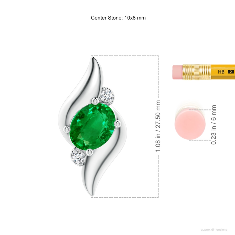 10x8mm AAAA Shell Style Oval Emerald and Diamond Pendant in S999 Silver ruler