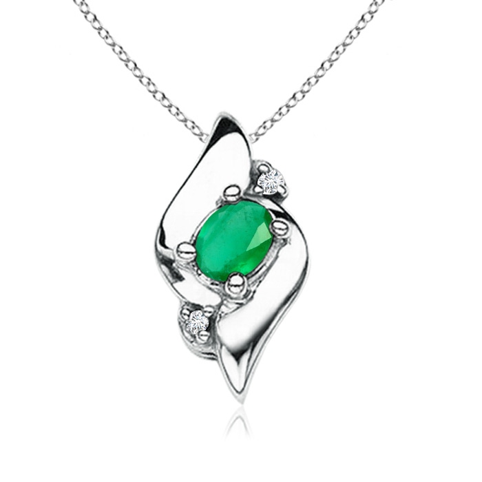 4x3mm A Shell Style Oval Emerald and Diamond Pendant in White Gold 