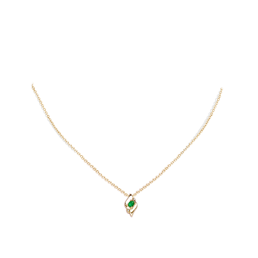 4x3mm AAA Shell Style Oval Emerald and Diamond Pendant in 10K Yellow Gold pen